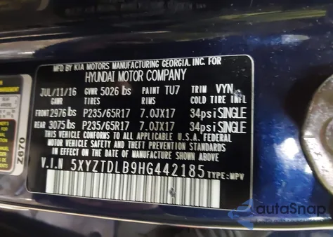 2017 Hyundai Santa Fe Sport 2.4L from USA, damaged, VIN 5XYZTDLB9HG442185